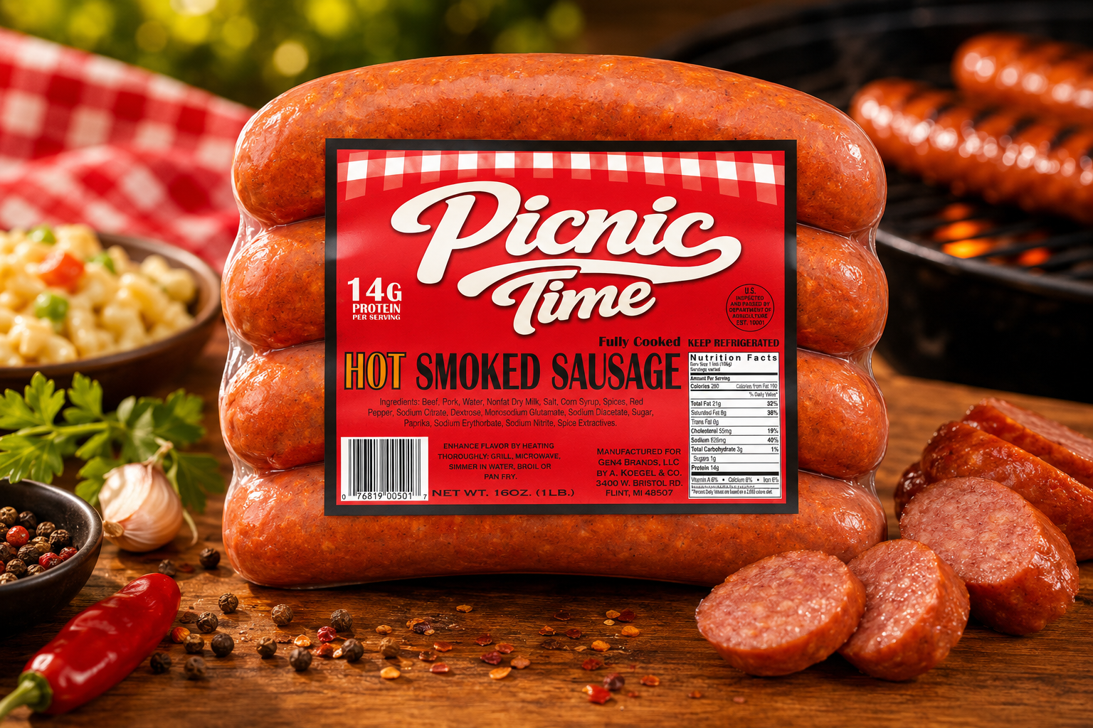 Picnic Time - 1 LB Hot Smoked Sausage